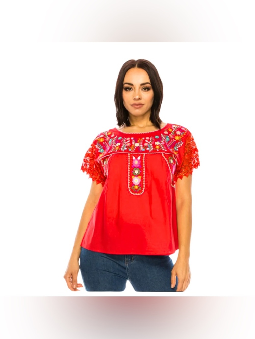 BRAND NEW WITH TAGS Red Embroidered Mexican Lace Sleeve Blouse